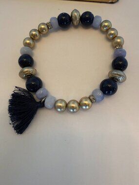 BLUE/Gold bracelet with navy small tassel D-033